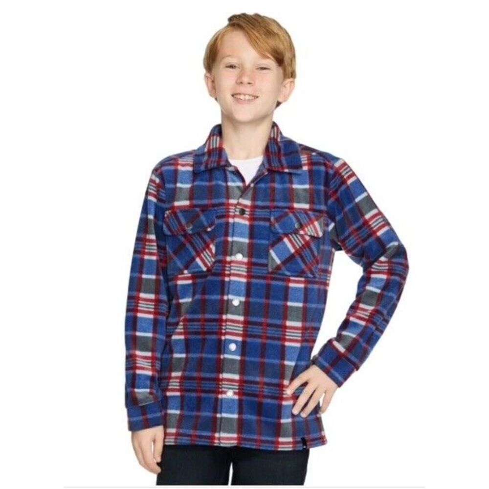 Fleece Shirt Jacket Boys M 10/12 Shacket Pockets Snap Blue Plaid Outdoor School